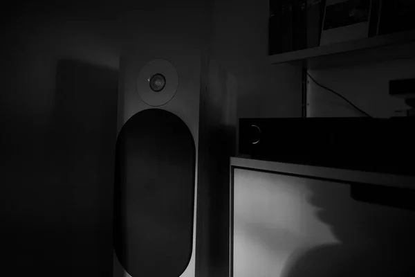 奢华的站着扬声器旁边的放大器与点燃的音量旋钮创造了一个沉浸在客厅里的音频体验 — 图库照片