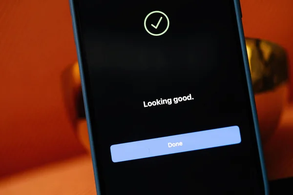 美国加利福尼亚 2024年1月21日 在为Apple Inc 开发的新的Apple Vision Pro混合现实耳机成功地建立了Face Id之后 Iphone Pro显示屏上的信息为Looking — 图库照片