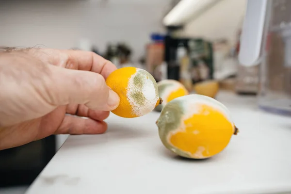 Man Seen Adding Moldy Lemon Collection Decaying Lemons Luxurious Marble — Stock Photo, Image