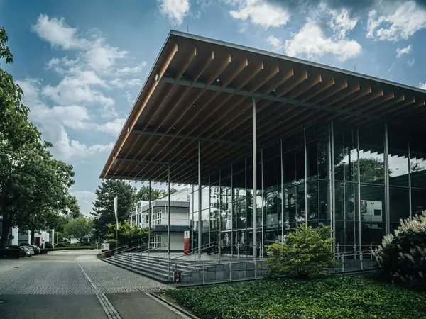 Rheinau Germany Jul 2023 Elegant Glass Building Wooden Beams Surrounded — Stock Photo, Image