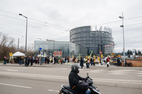 Strasbourg France Feb 2024 Man Motorcycle Front Protesters Blocking Parliament — Stock Photo, Image