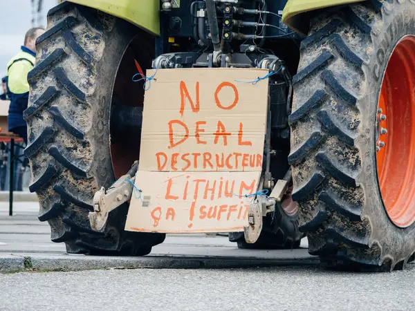 Strasbourg France Feb 2024 Placard Lithium Agriculture Back Tractor Protesters — Stock Photo, Image
