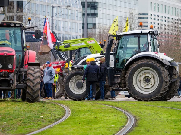 Strasbourg France Feb 2024 Protesters Tractors Block Parliament Entrance Disrupting — Stock Photo, Image