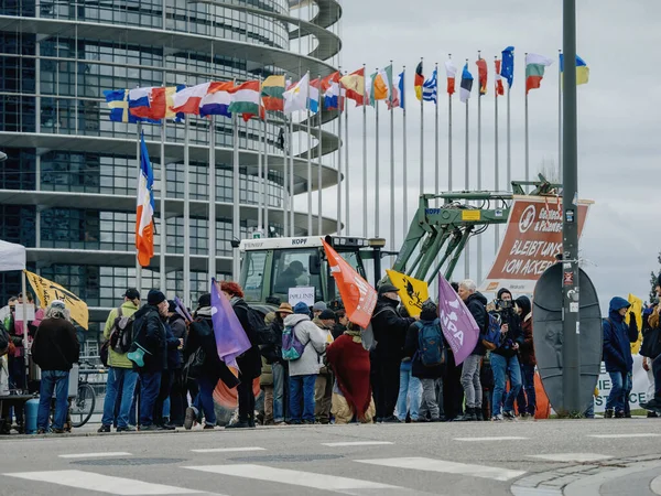 Strasbourg France Feb 2024 Protesters Tractors Block Parliament Entrance Opposing — Stock Photo, Image