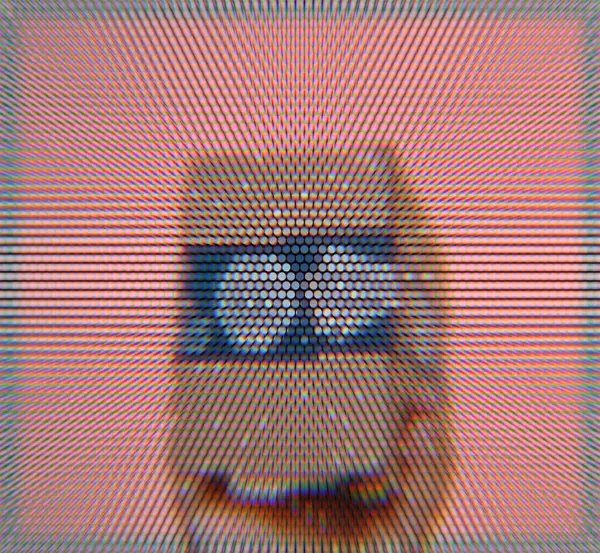 디지털 버스는 미래적이고 추상적인 방식으로 안경을 얼굴을 보여줍니다 스톡 이미지