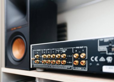 Paris, Fransa - 3 Haziran 2024: Onkyo P-3000R referans önamplifikatörünün arka tarafında analogdan dijitale olan birden fazla bağlantı, yüksek veri girişi ve çıkış seçeneklerini göstermektedir