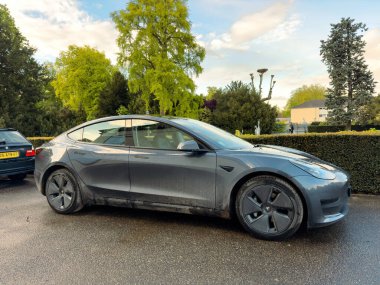 Strasbourg, Fransa - 21 Nisan 2024: Tesla Model 3 parkın yakınına park etmiş, kentsel ve yeşil ortamda elektrik, sıfır emisyon kapasitesini vurguluyor