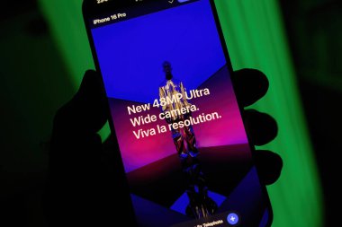 Paris, Fransa - 8 Eylül 2024: Yeşil arka planda iPhone 16 Pro Max 'i tutan bir erkeğin dikey çekimi, yeni 48MP ultra geniş fotoğraf makinesini gösteriyor.