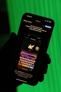 Paris, Fransa - Sep 9, 2024: Bir erkek elinde iPhone 16 Pro Max 'in en son iOS güncellemesinde Genmoji iletişim emojilerini gösteren bir web sitesi var.