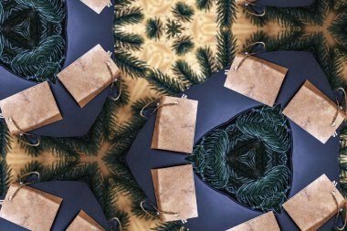 A kaleidoscopic image of eco-friendly paper bags and pine branches, creating a repeating geometric pattern with earthy tones clipart