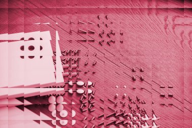 Ahşap bir yüzeydeki vida ve donanım parçalarının soyut, çarpık bir görüntüsü, inşaatı, montajı ve modern tasarımı sembolize eder.