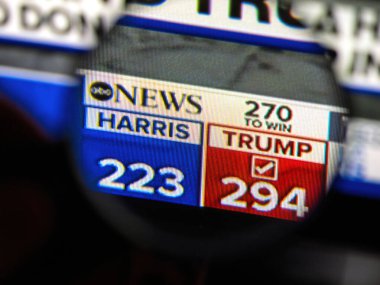 Paris, Fransa - 6 Kasım 2024: ABD seçim sonuçlarının yakın plan görüntüleri ekranda, Trump 'ın 294, Harris' in ise 223 oy alarak yarışı 270 'e çıkardığını gösteriyor.