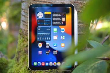 Paris, Fransa - 22 Ekim 2021: Yeni Apple iPad Mini cihazlarını gösteren yosun kaplı bir kiraz ağacı, taşınabilir tasarım, Retina ekranı ve eşsiz bir Apple kalem eklentisi