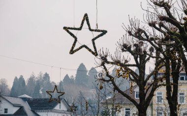 Almanya 'nın Baden-Baden kentindeki Noel süslemeleri, çıplak ağaçların arasında manzaralı kentsel ve orman zeminli parlak yıldız süslemeleri içeriyor.