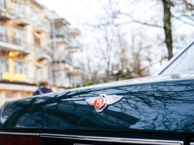 Baden-Baden, Almanya - 1 Aralık 2024: Bentley amblemi olan lüks bir arabanın yakın çekimi, ağaçları yansıtan ve bulanık şehir arkaplanı, zenginliği ve sofistike mülkü sembolize eden - lüks gayrimenkul