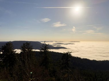 Elevated view of Mummelsee lake surrounded by thick fog, rolling hills, and trees under a glowing sun, offering a serene and mystical panorama - black forest clipart