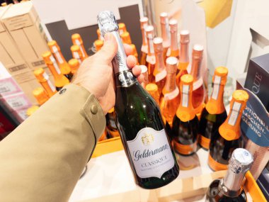 Frankfurt, Almanya - 30 Aralık 2024: Canlı şampanya şişeleri ve şenlikli ambalajlarla çevrili bir perakende bölümünde Geldermann Classique Sec marka köpüklü bir şarap şişesini tutan bir el.