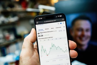 Paris, Fransa - 20 Ocak 2025: Bir telefon ekranında resmî Melania Meme kripto para birimi grafiği CoinMarketCap 'te 8.29 USD' de, arka planda Elon Musk 'un bulanık bir şekilde görüntülenir.