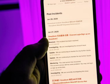 Paris, France - Jan 28, 2025: A detailed log showing recent technical incidents on DeepSeek platform, including login issues, API performance, and monitoring updates for resolutions clipart