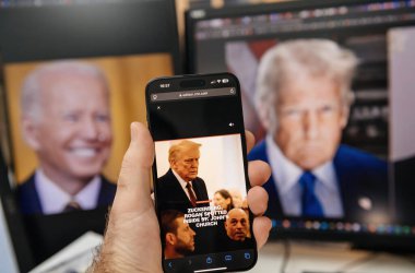 Paris, Fransa - 20 Ocak 2025: Bir kişi, St. John Kilisesi 'nde Trump, Zuckerberg ve Rogan hakkında bir CNN haberini yayınlayan bir akıllı telefon tutuyor. Arka plandaki monitörlerde Biden ve Trump 'ın bulanık görüntüleri görülüyor.
