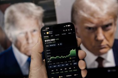 Paris, Fransa - 20 Ocak 2025: Bir kişi Bitcoins fiyat tablosunu USD 105.080 'de gösteren, pazar eğilimlerini ve dalgalanmaları gösteren, arka planda Donald Trump' ın bulanık görüntülerini gösteren bir akıllı telefon tutuyor.
