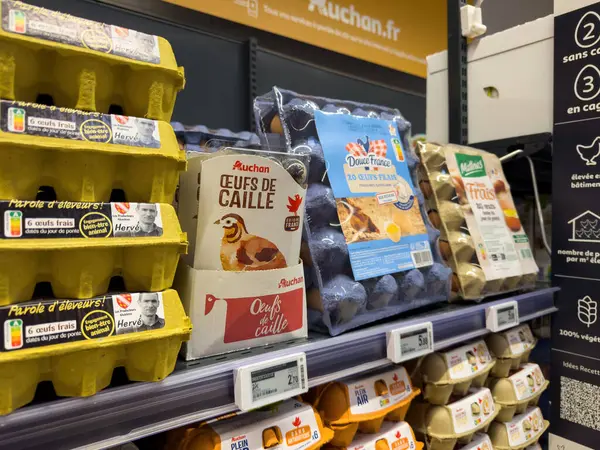 Paris, Fransa - 14 Mart 2025: Bıldırcın yumurtası ve taze tavuk yumurtası dahil çeşitli yumurta kutuları Fransa 'nın Auchan kentindeki bir süpermarkette 2025 fiyatlandırma etiketi ve ambalaj detaylarıyla sergilenmektedir.