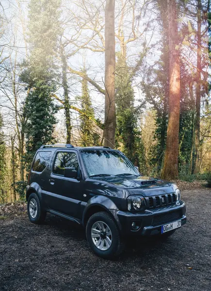 Freiburg, Almanya - 3 Mart 2025: Güneşli bir günün hafif parıltısında güneşlenen çakıllı ağaçların arasına park etmiş engebeli siyah bir Suzuki SUV.