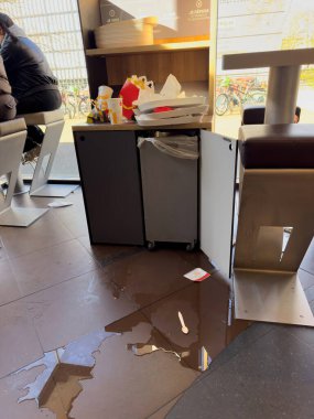 Strasbourg, Fransa - 6 Nisan 2025: Fransa 'da bir McDonalds' ın içinde, taşan çöp bidonları ve yere dökülen çöpler yemek ve oturma alanları yakınlarındaki temizlik sorunlarını vurguluyor.
