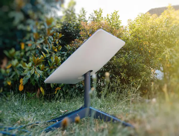 Frankfurt, Almanya - 15 Haziran 2023: Yüksek hızlı internet sinyalleri alabilmek için yeşil çalılar ve ağaçlarla çevrili çimenli bir çimenliğe modern beyaz bir Starlink uydu anteni kuruldu