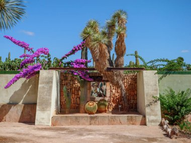 İspanya 'nın Mallorca kentindeki kırsal bir Akdeniz bahçesinde çiçek açan mor begonviller, yüksek palmiye ağaçları ve açık mavi bir gökyüzünün altında bir taş ve sıva duvarına karşı yuvarlak kaktüsler yer alıyor.