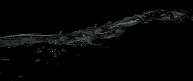 Liquid suface line between underwater and above water with black background. Show water bubble splashing and floating drop. Close up water bubbles texture and curve line of surface. Film grain style.