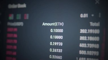 Bitcoin Trading chart displayed on the screen Digital crypto currency stock market. Financial accounting of profit summary graphs analysis. Buy or sell Etherium crypto currency to get profit growth.