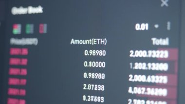 Ekran Dijital Kripto para birimi borsasında Bitcoin Ticaret şeması görüntülendi. Kâr özeti grafik analizlerinin mali muhasebesi. Eteryum kripto para birimini kar büyümesi elde etmek için al ya da sat.