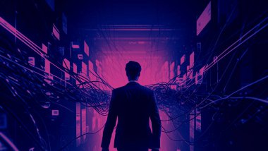 Businessman walking to digital world which full of data network and wires. Represent digital world of technology big data innovation business investment. Business and technology AI concept. Cyberpunk