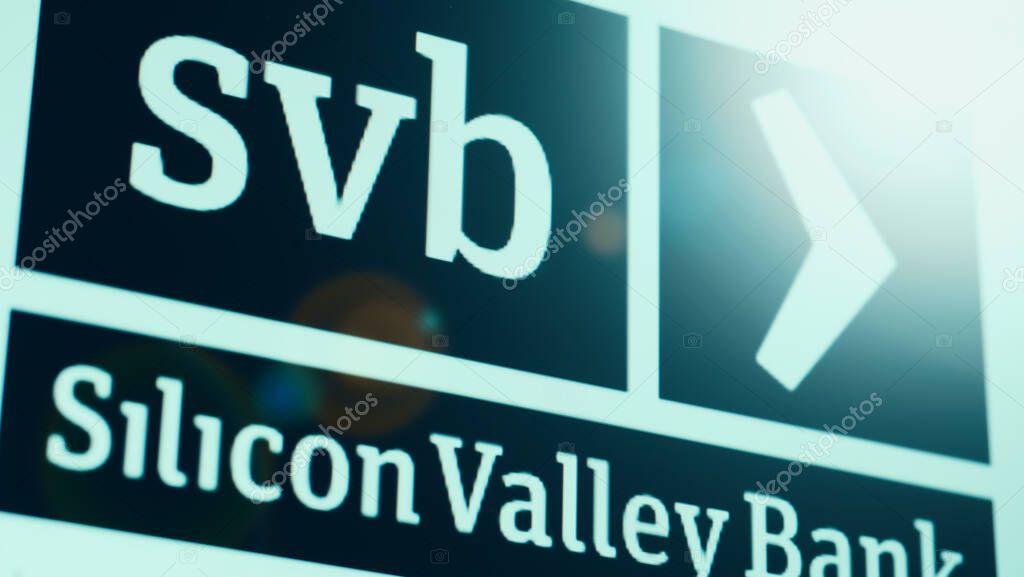 Bangkok Thailand. March 15 2023. SVB Bank logo. Brands logo of Silicon Valley Bank on digital monitor. Bankrupt of Silicon Valley Bank in 2023. Silicon Valley Bank Top 20 of United State America bank.