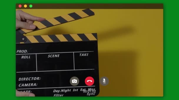 Film Slate Movie Clapperboard Hitting Front Cinema Camera Recording Close — Stock Video