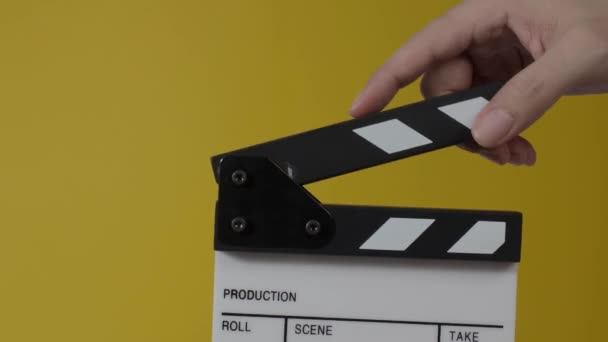 Film Slate Movie Clapperboard Hitting Front Cinema Camera Recording Close — Stock Video