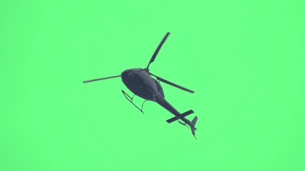 Helikopter Repül Zöld Képernyőn Alacsony Szögű Kamera Realisztikus Helikopter Repülő — Stock videók