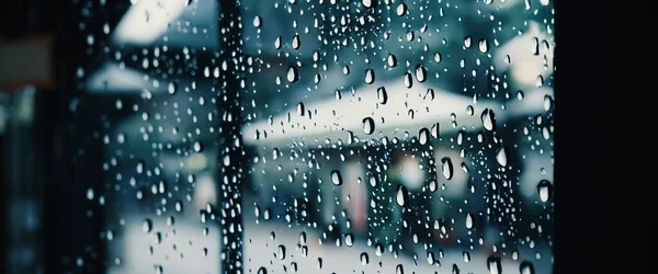 Rain Drop Window Glass Coffee Shop Blurry City Life Background — Stock Photo, Image