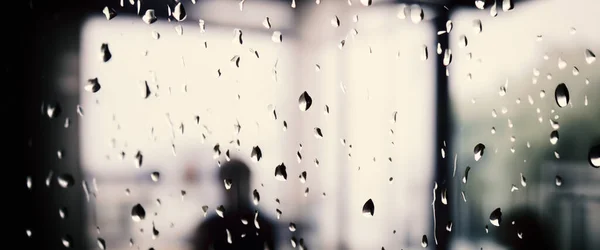 Rain Drop Window Glass Coffee Shop Blurry City Life Background — Stock Photo, Image