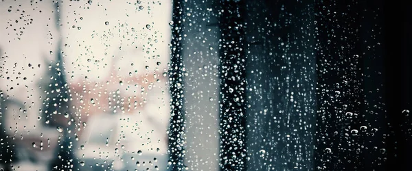 Eső Csepp Ablaküveg Kávézó Elmosódott Városi Élet Háttér Esős Évszak — Stock Fotó