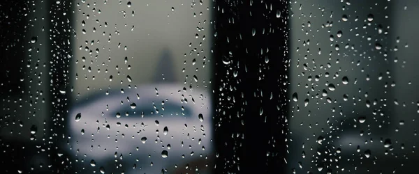 Hujan Turun Kaca Jendela Warung Kopi Dan Latar Belakang Kehidupan — Stok Foto