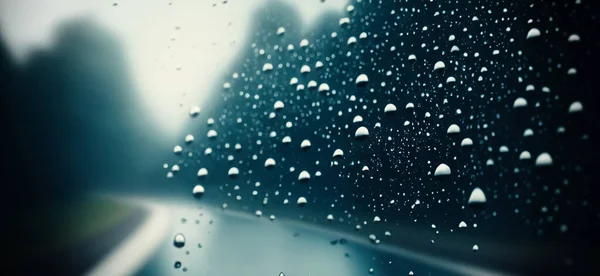 車のフロントガラスや車の窓や背景にぼやけた道路上の雨のシャワー 梅雨時の運転 雨が車のミラーに落ちる 夕方の雨の中で交通道路 霧雨の雨は運転の視認性を低下 — ストック写真