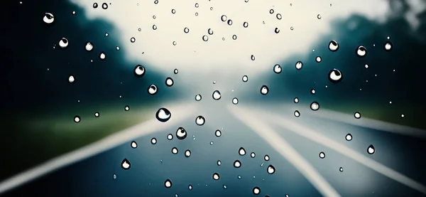 Regenschauer Auf Autoscheibe Oder Autoscheibe Und Verschwommene Straße Hintergrund Autofahren Stockfoto