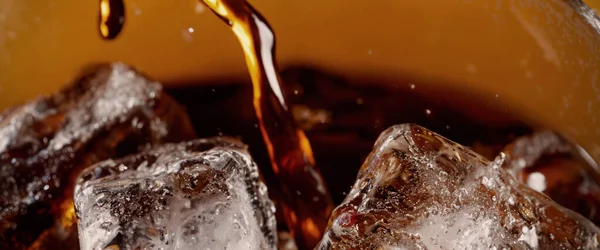 Pouring Cola Ice Cola Soda Ice Splashing Fizzing Floating Top — Stock Photo, Image