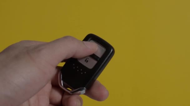 Hand Man Holding Pressing Car Key Remote Hand Holds Car — Stock Video