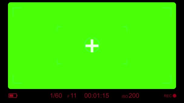 カメラビューファインダーの記録表示および緑のスクリーンの背景映像 写真カメラフレームオーバーレイ付きのビデオレコーダーデジタルディスプレイのスクリーン ライブカムCctv携帯電話カムクロマキーインターフェース — ストック動画