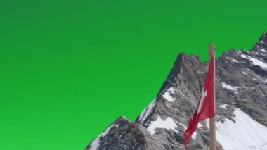 İsviçre bayrağı esintisi ve Jungfraujoch Dağı yeşil ekran arka planına karşı. İsviçre 'nin kırmızı bayrağı ve Avrupa' nın en yüksek dağı olan yeşil ekranlı İsviçre Alpleri 'nin Jungfraujoch armasının havadan görünüşü.
