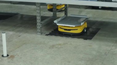 Akıllı depo yönetim sisteminin robot işleme sistemiyle gösterimi. Modern fabrikada otomatikleştirilmiş robotik sepet dağıtım ürünü stoğu. AI Teknoloji Lojistik Konsepti.