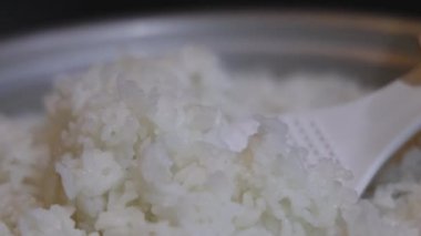 Yakın plan, pilav pişirme makinesinden plastik bir pirinç küreğiyle çıkartılan taze pişmiş beyaz pirinç. Tayland 'ın yumuşak dokusu tanecikleri eritiyor. Ev yapımı pilav pişirme yemekleri. Slow Motion görüntüleri.